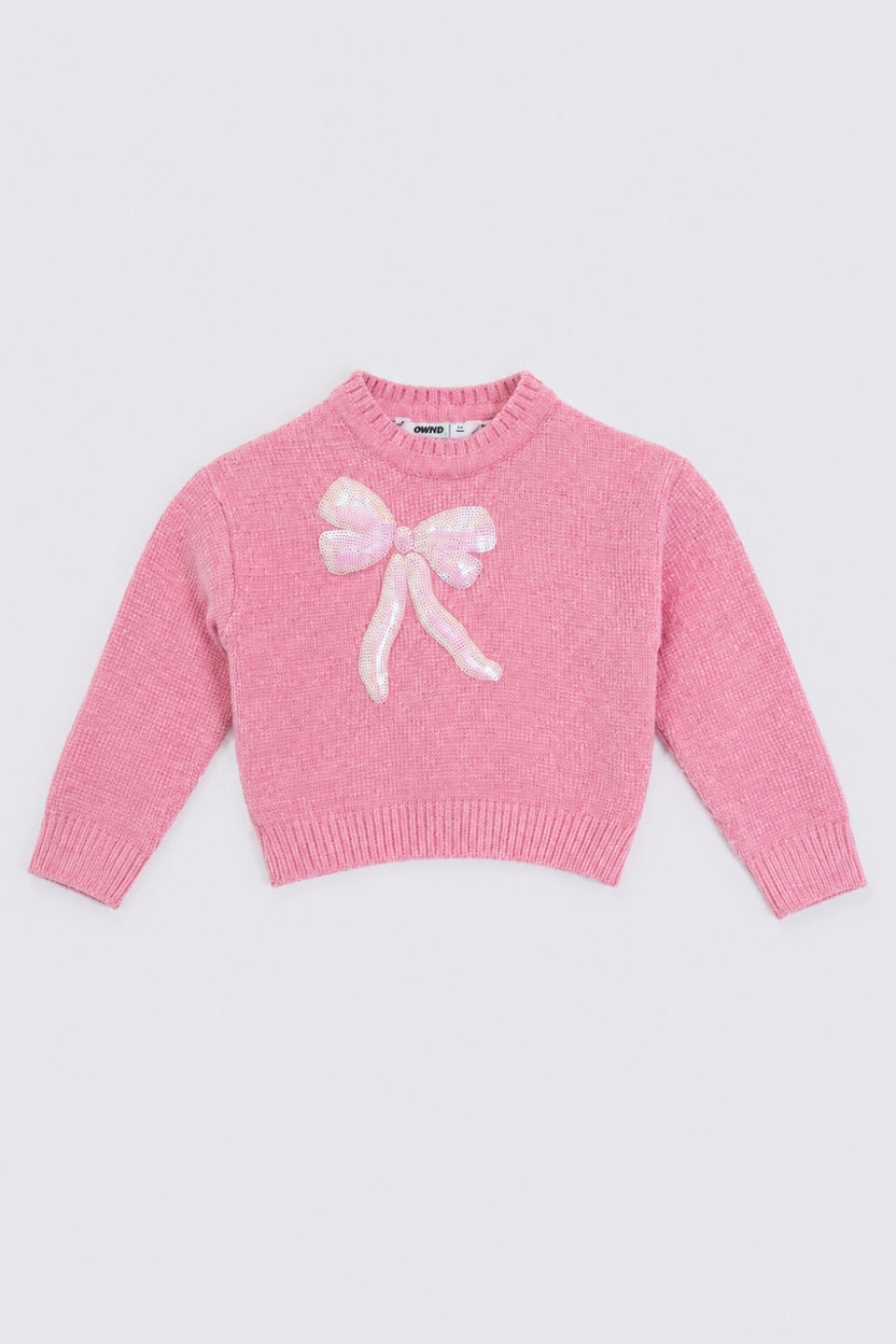 Girls Regular Fit Pink Bow Embellished Sweater - Image 2