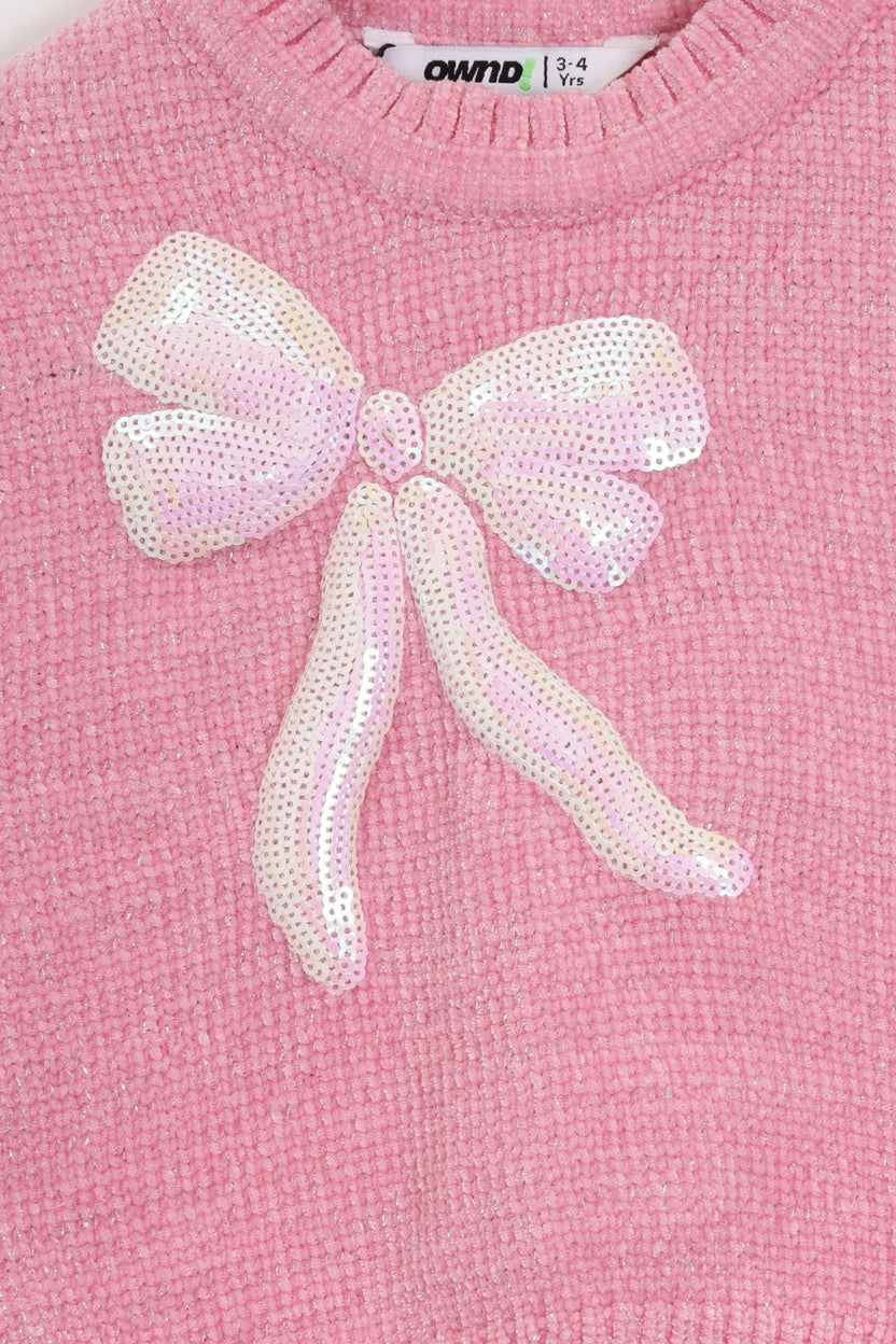 Girls Regular Fit Pink Bow Embellished Sweater - Image 6