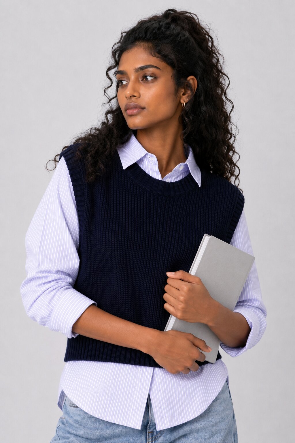 Women Navy Striped Mock Shirt With Knit Vest - Image 1