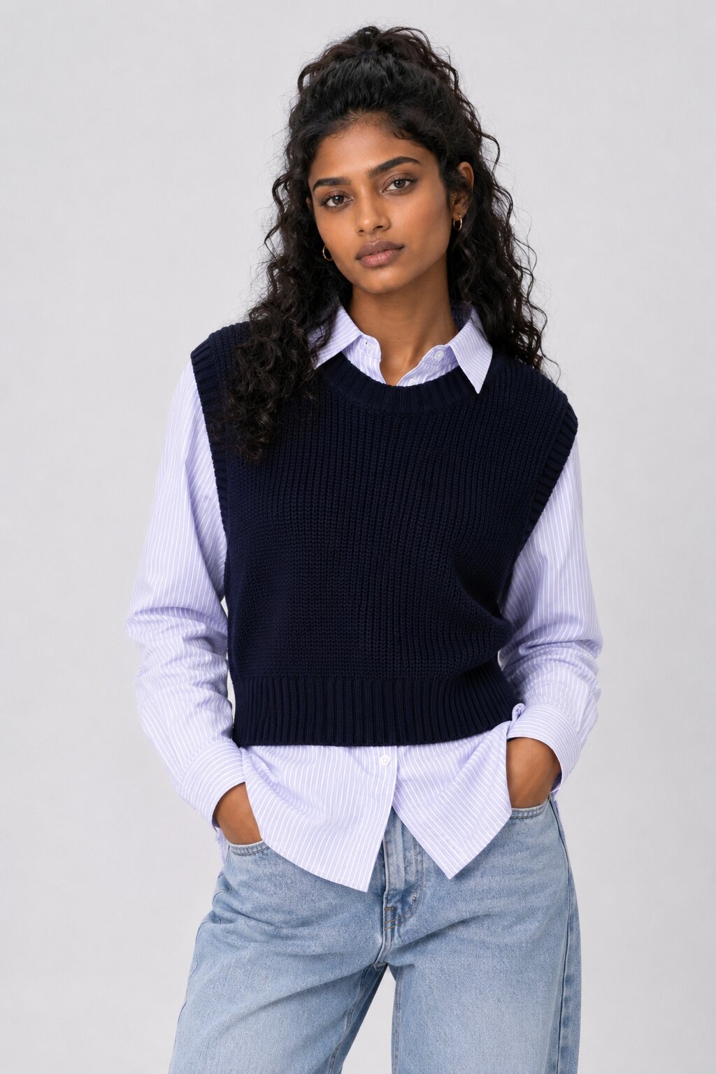 Women Navy Striped Mock Shirt With Knit Vest - Image 2