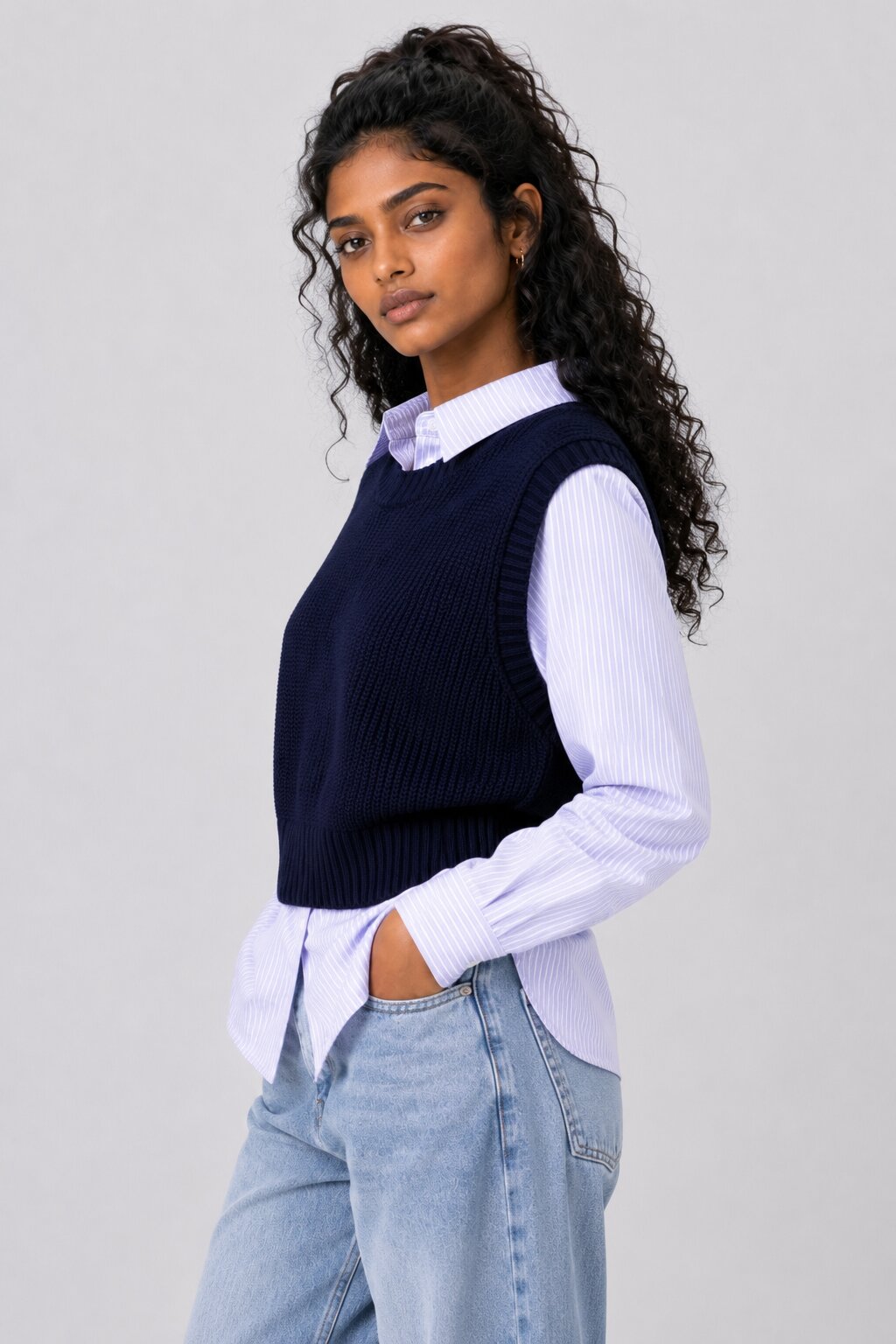 Women Navy Striped Mock Shirt With Knit Vest - Image 4