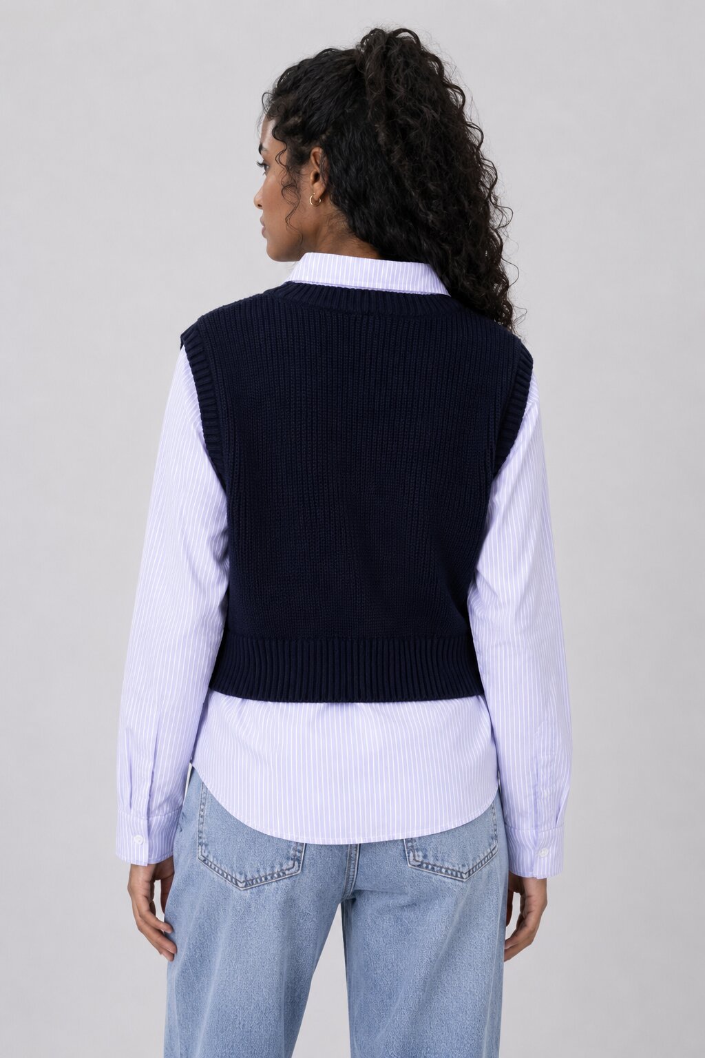 Women Navy Striped Mock Shirt With Knit Vest - Image 5
