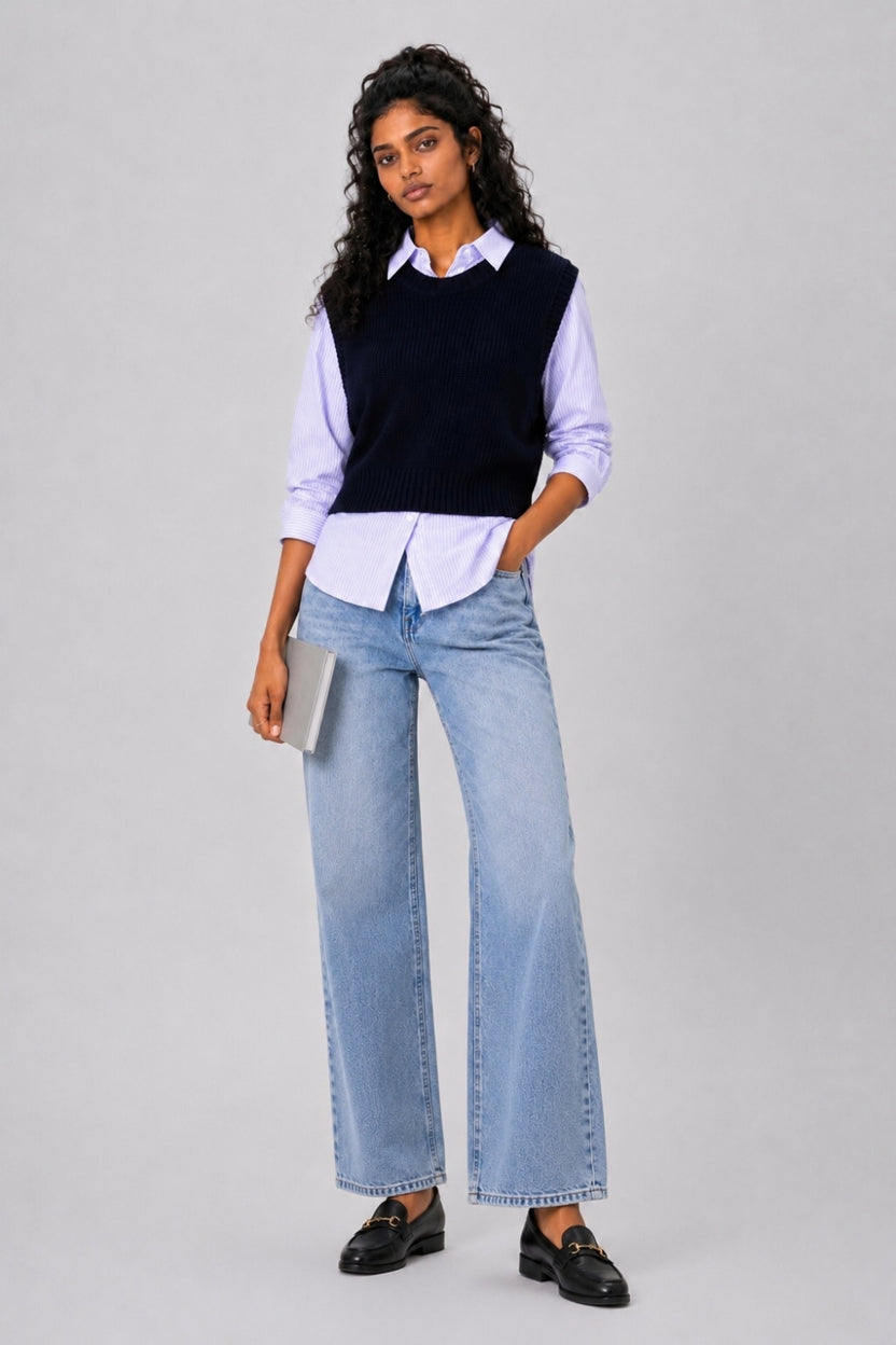 Women Navy Striped Mock Shirt With Knit Vest - Image 6
