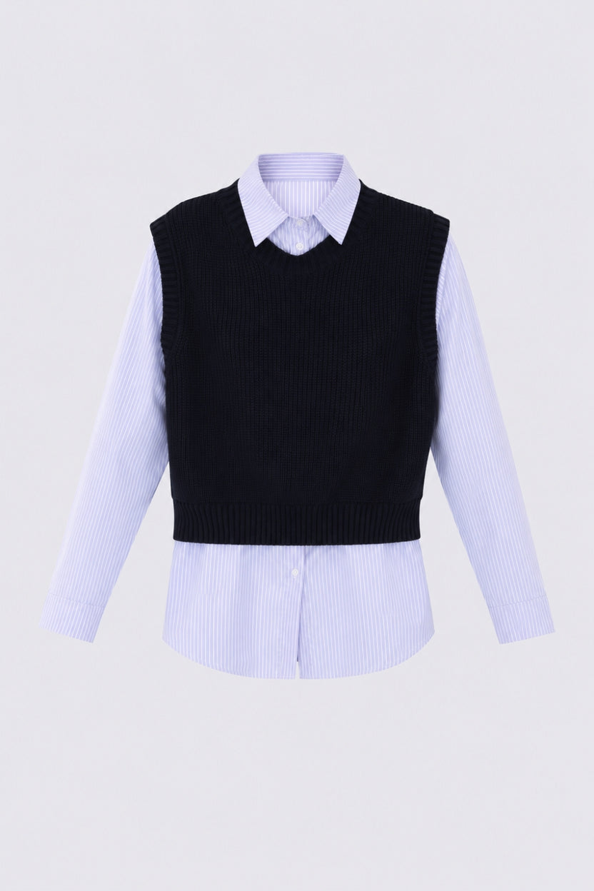 Women Navy Striped Mock Shirt With Knit Vest - Image 7