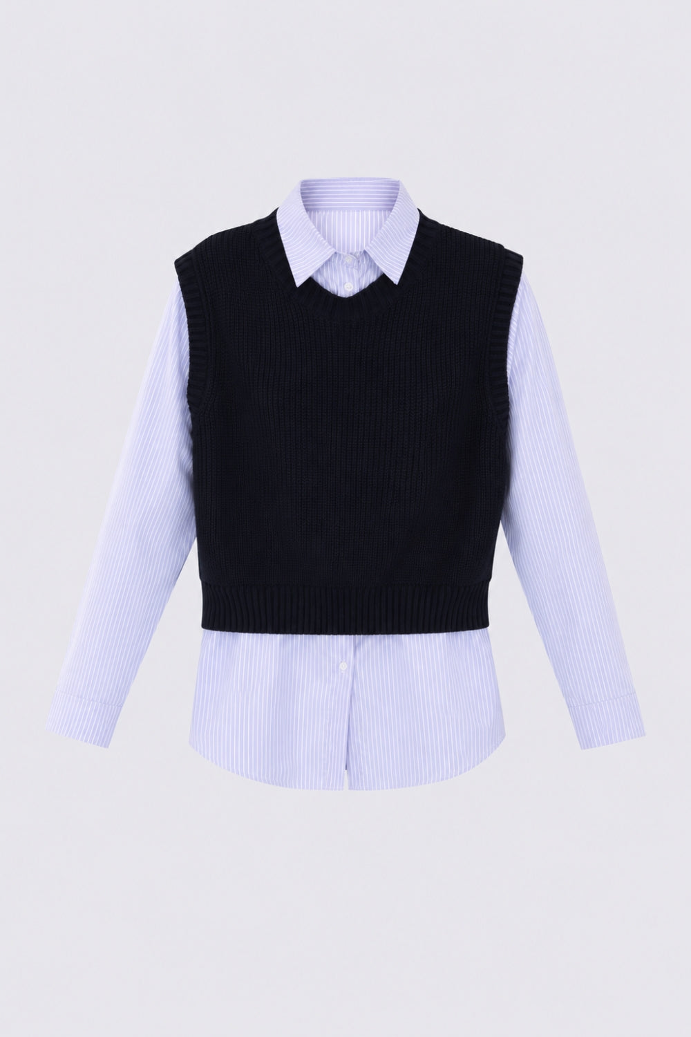 Women Navy Striped Mock Shirt With Knit Vest - Image 7