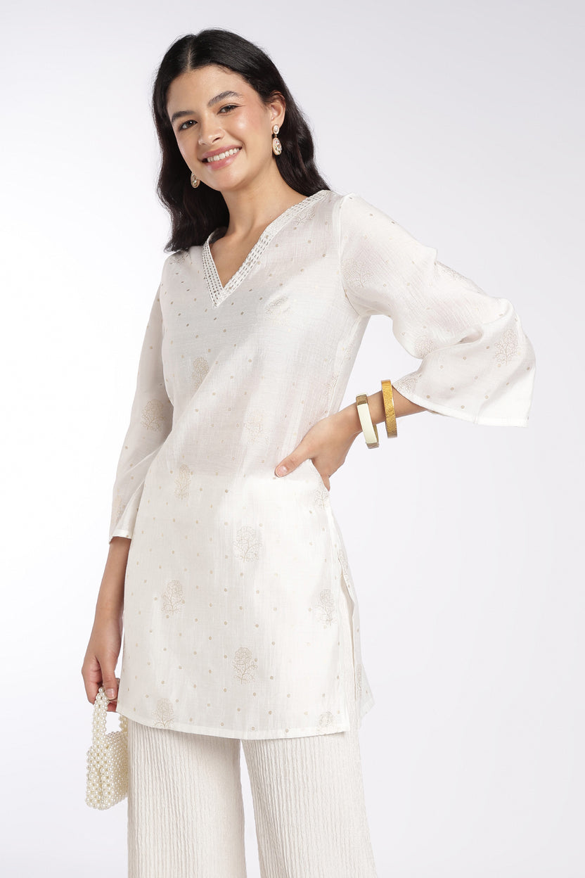 Womens Off White Foil Print V-Neck Tunic - Image 1