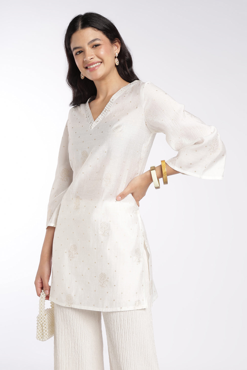 Womens Off White Foil Print V-Neck Tunic - Image 1