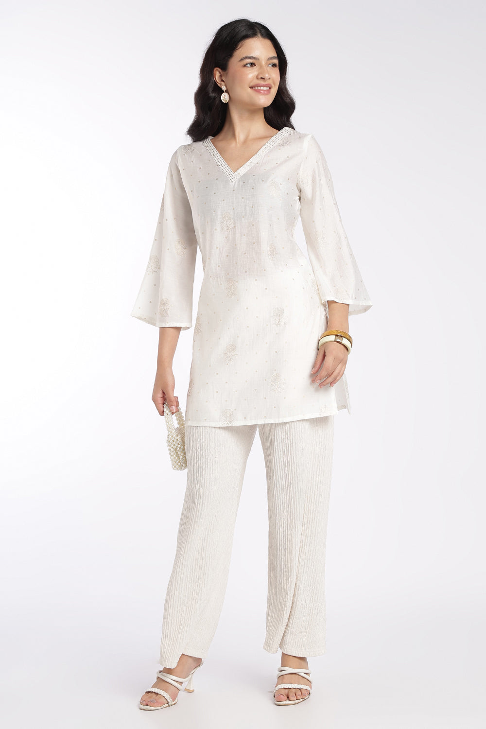 Womens Off White Foil Print V-Neck Tunic - Image 6