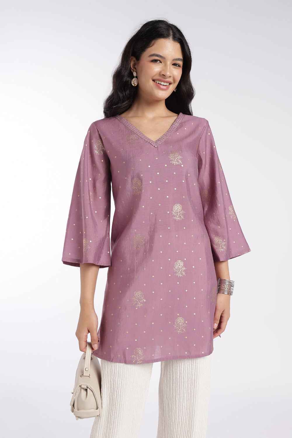 Womens Lilac Foil Print V-Neck Tunic - Image 1