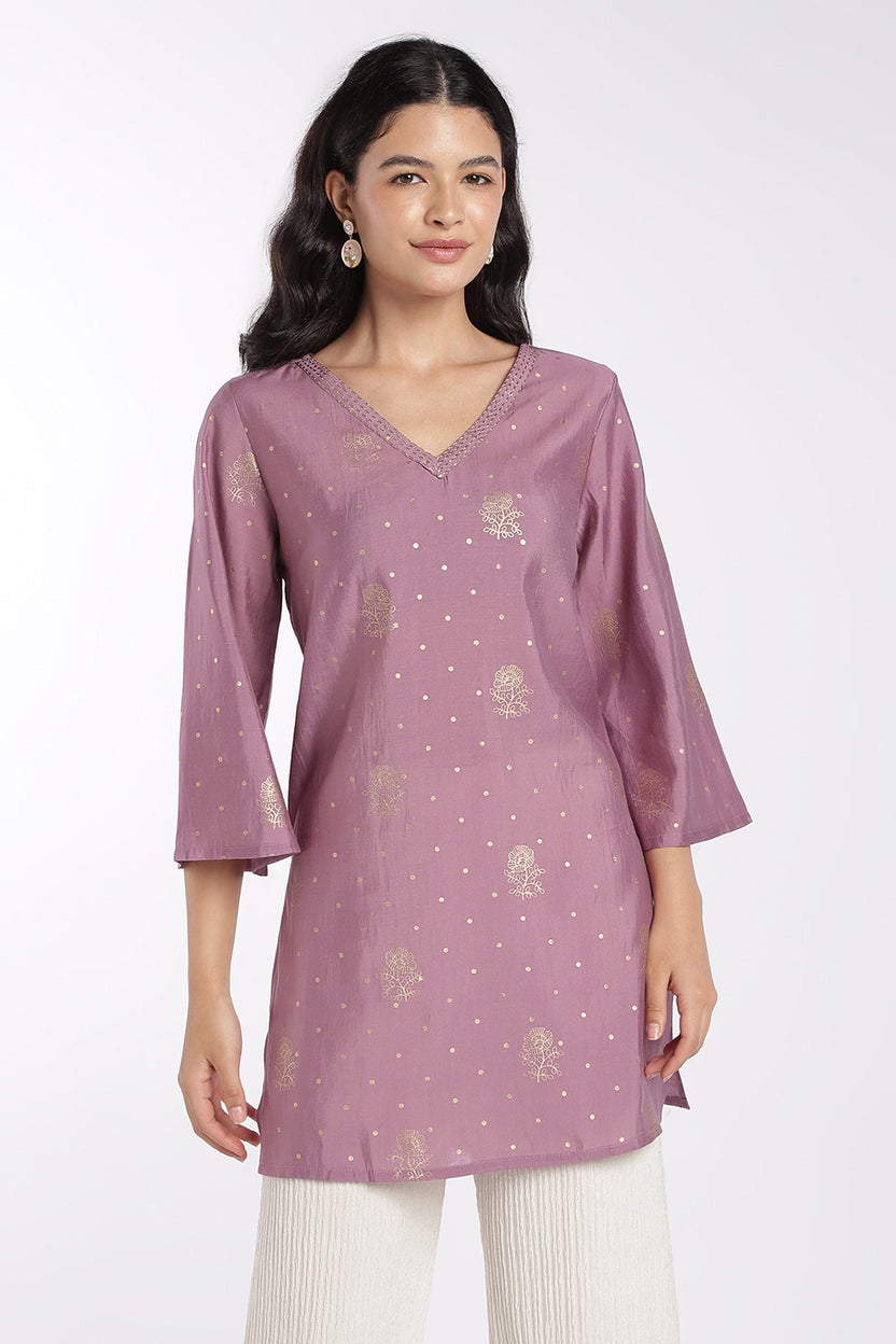 Womens Lilac Foil Print V-Neck Tunic - Image 2