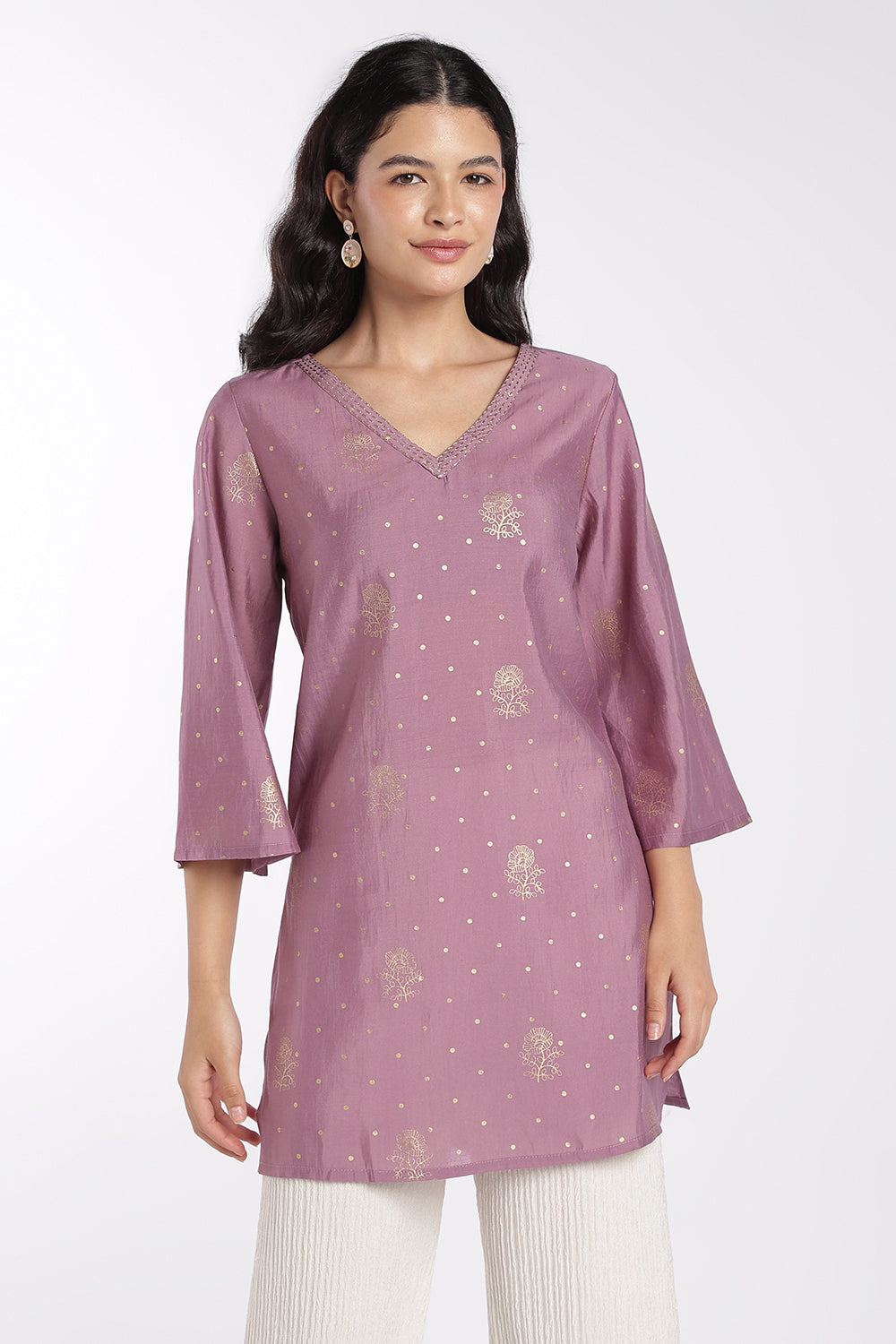 Womens Lilac Foil Print V-Neck Tunic - Image 2
