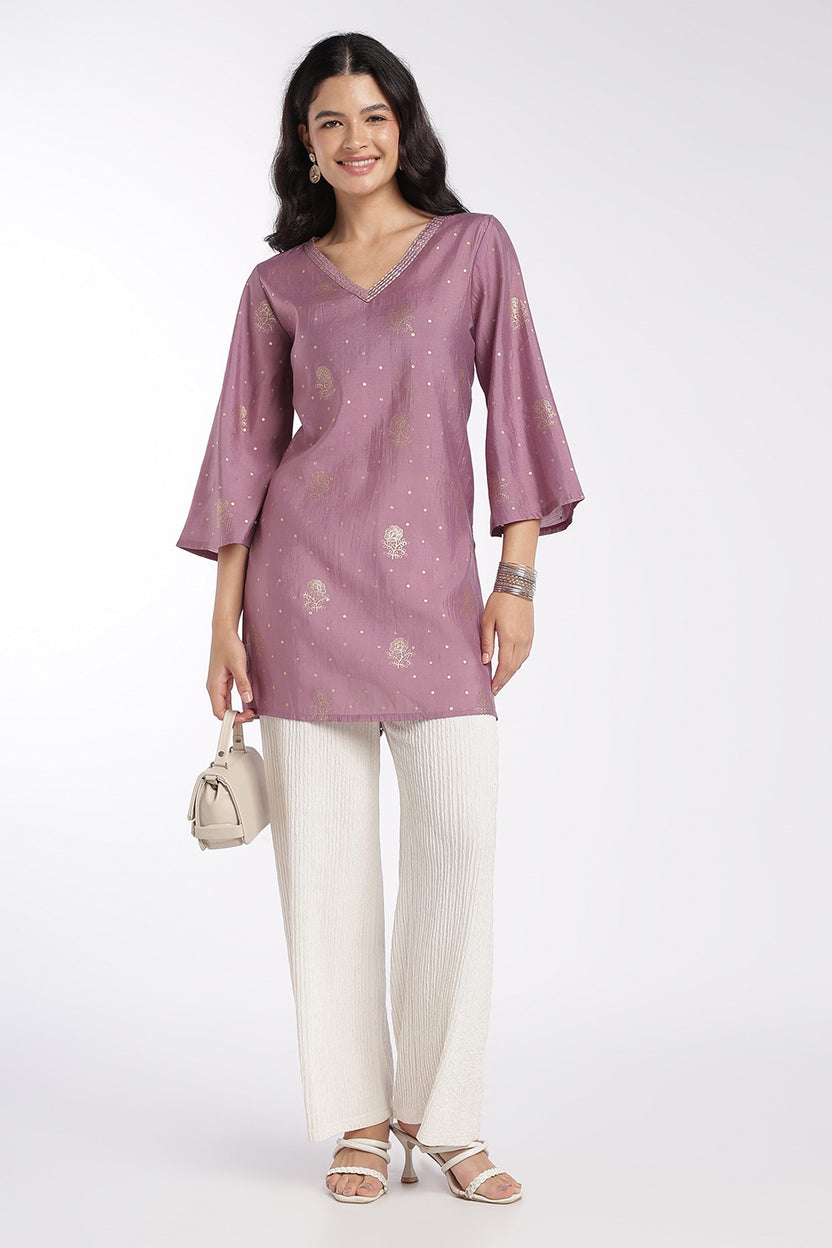 Womens Lilac Foil Print V-Neck Tunic - Image 6