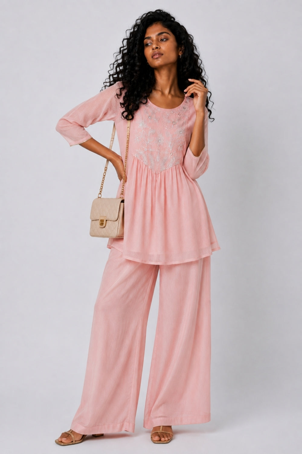 Womens Pink Embroidered Festive Peplum Kurta Set - Image 1