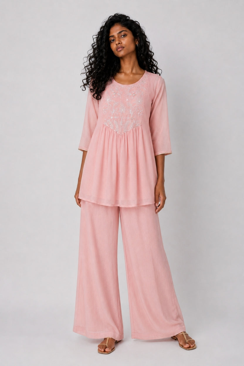 Womens Pink Embroidered Festive Peplum Kurta Set - Image 2
