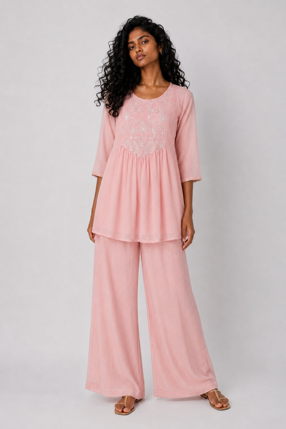 Womens Pink Embroidered Festive Peplum Kurta Set - Image 2