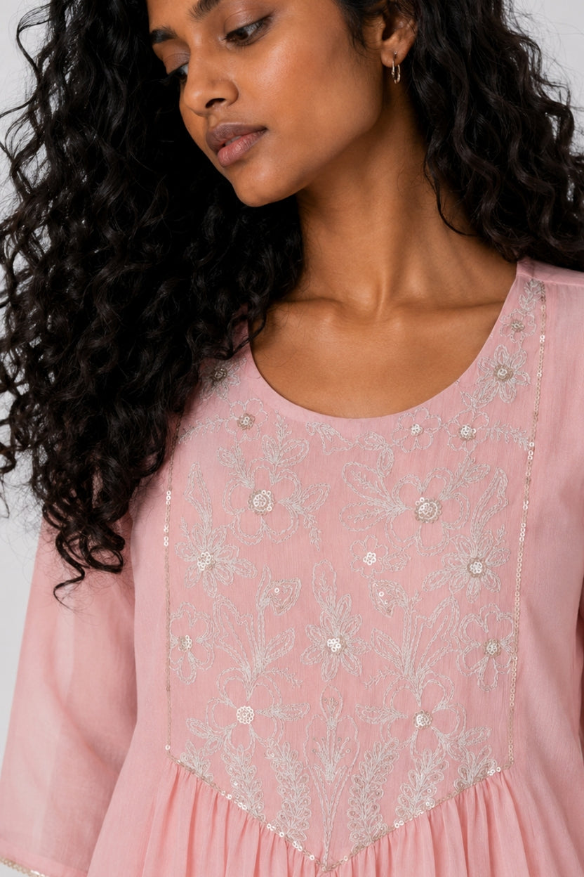 Womens Pink Embroidered Festive Peplum Kurta Set - Image 3