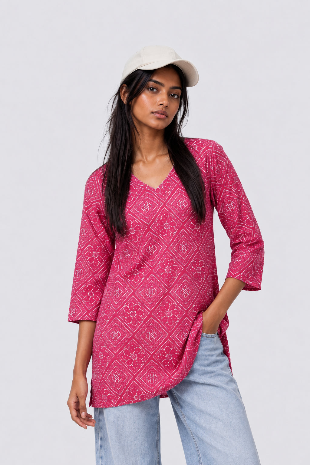 Womens Pink Bandhani Print Tunic - Image 1