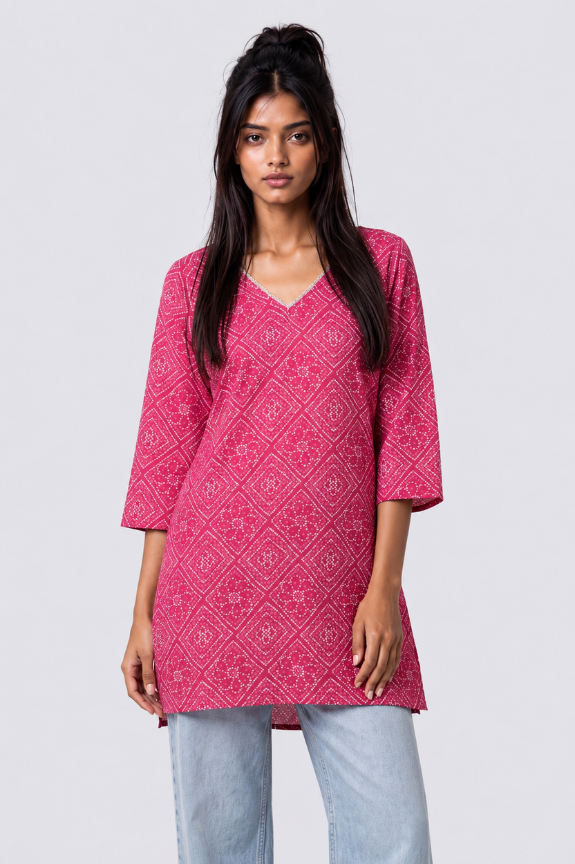 Womens Pink Bandhani Print Tunic - Image 2