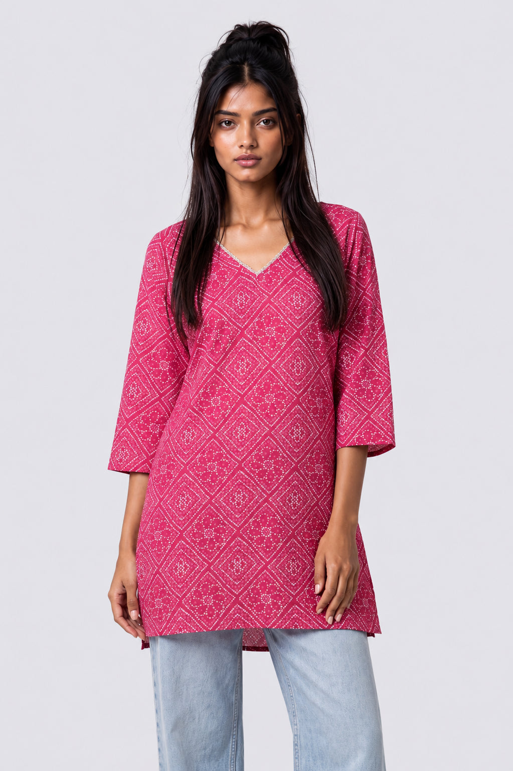 Womens Pink Bandhani Print Tunic - Image 2