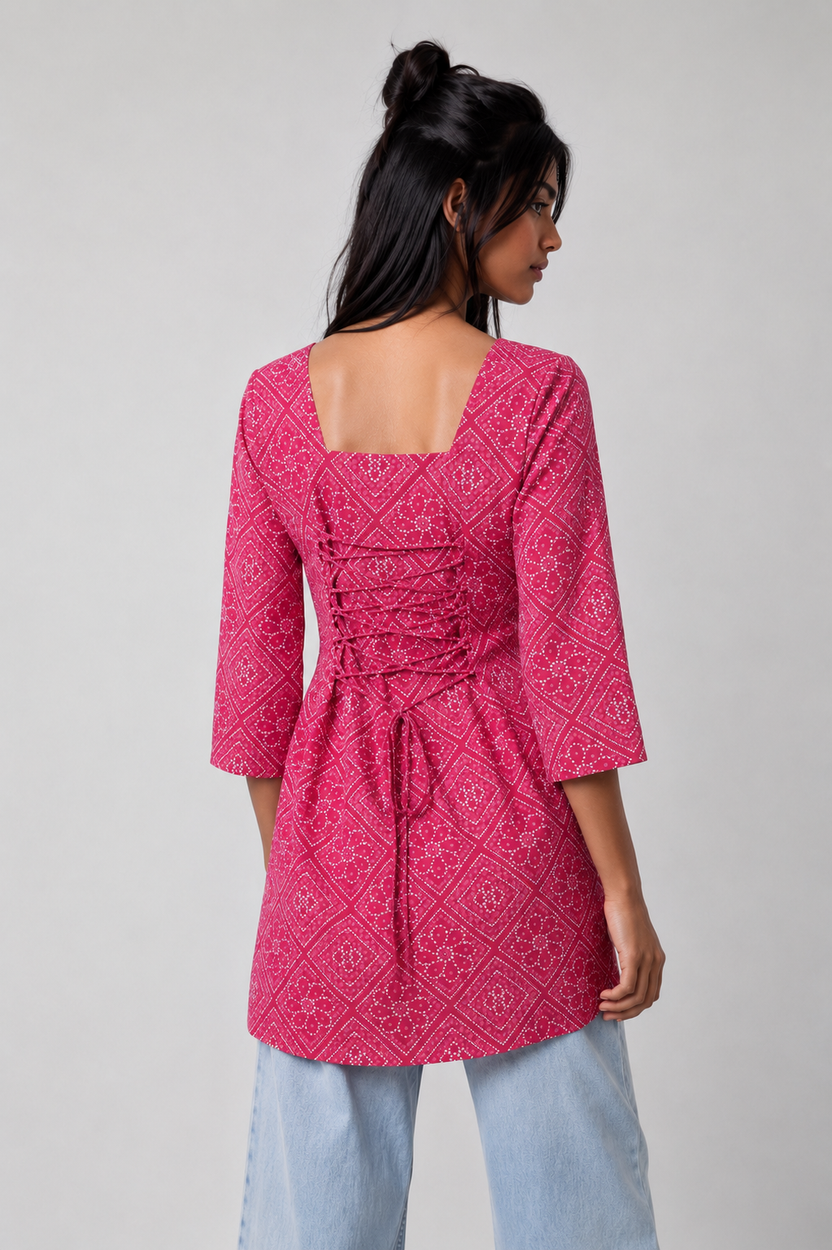 Womens Pink Bandhani Print Tunic - Image 4