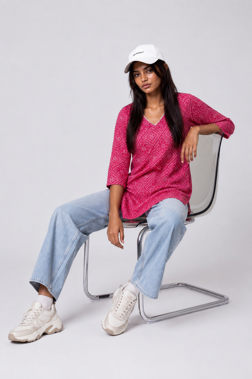 Womens Pink Bandhani Print Tunic - Image 5