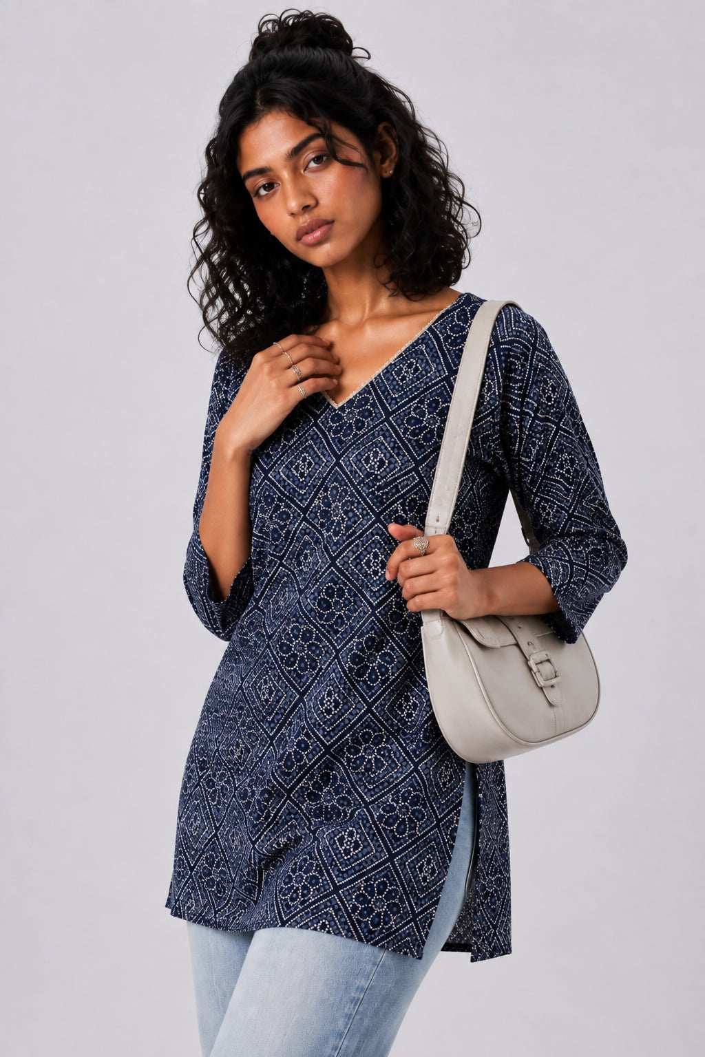 Womens Navy Bandhani Print Tunic - Image 1