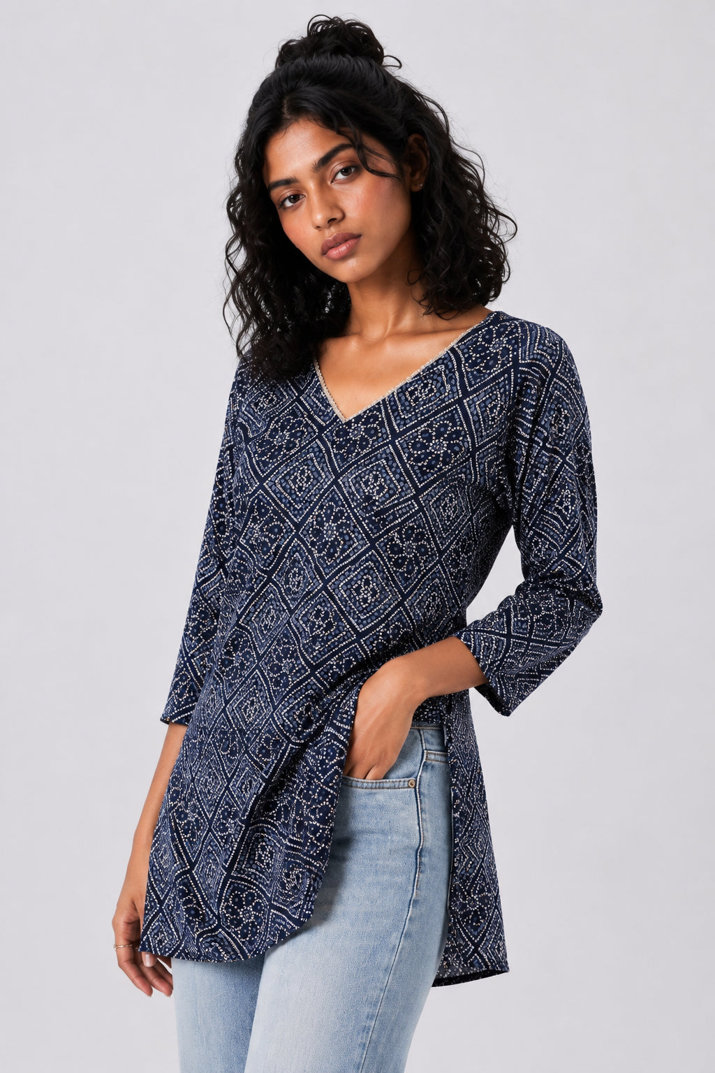 Womens Navy Bandhani Print Tunic - Image 2