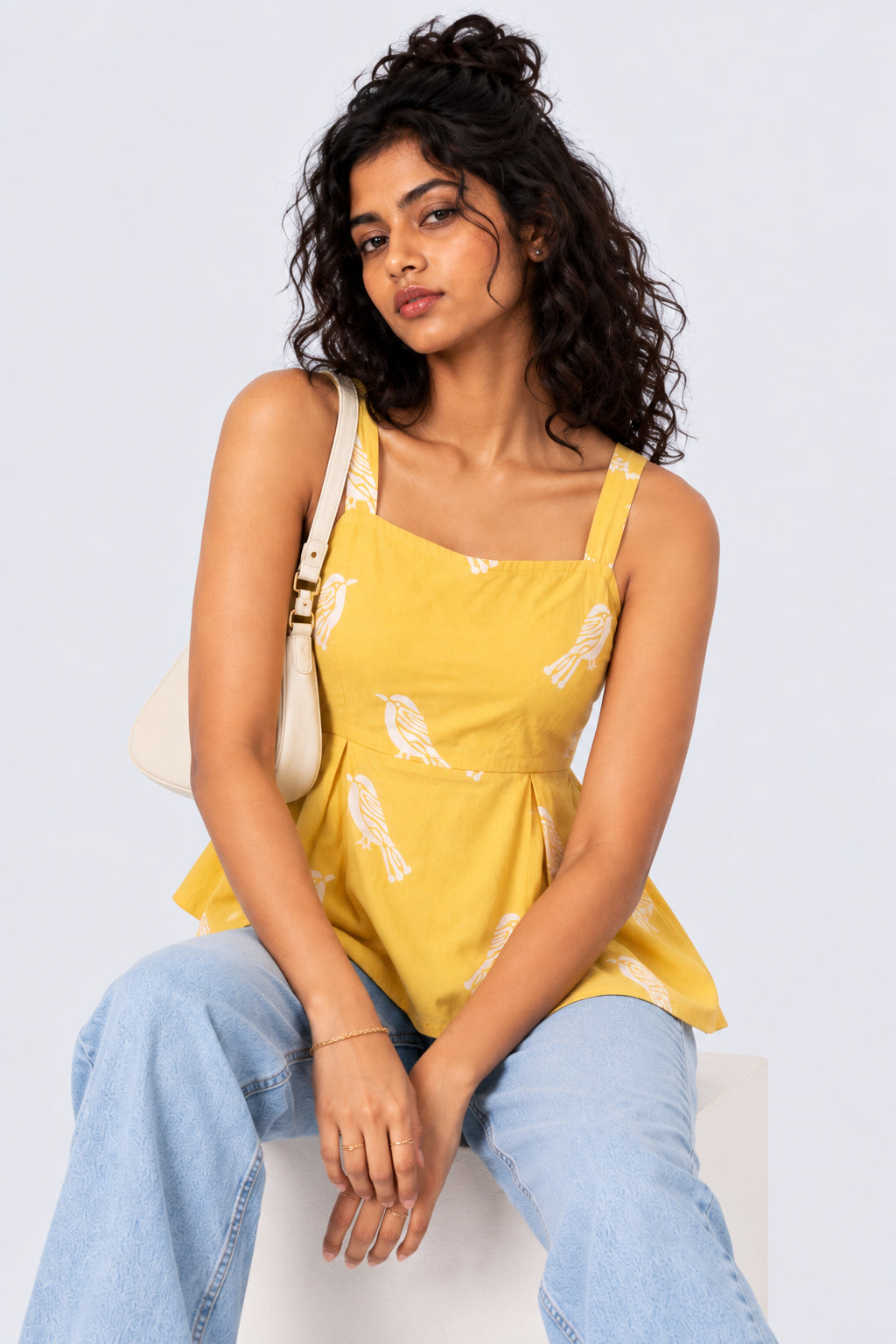 Womens Yellow Bird Print Peplum Top - Image 1