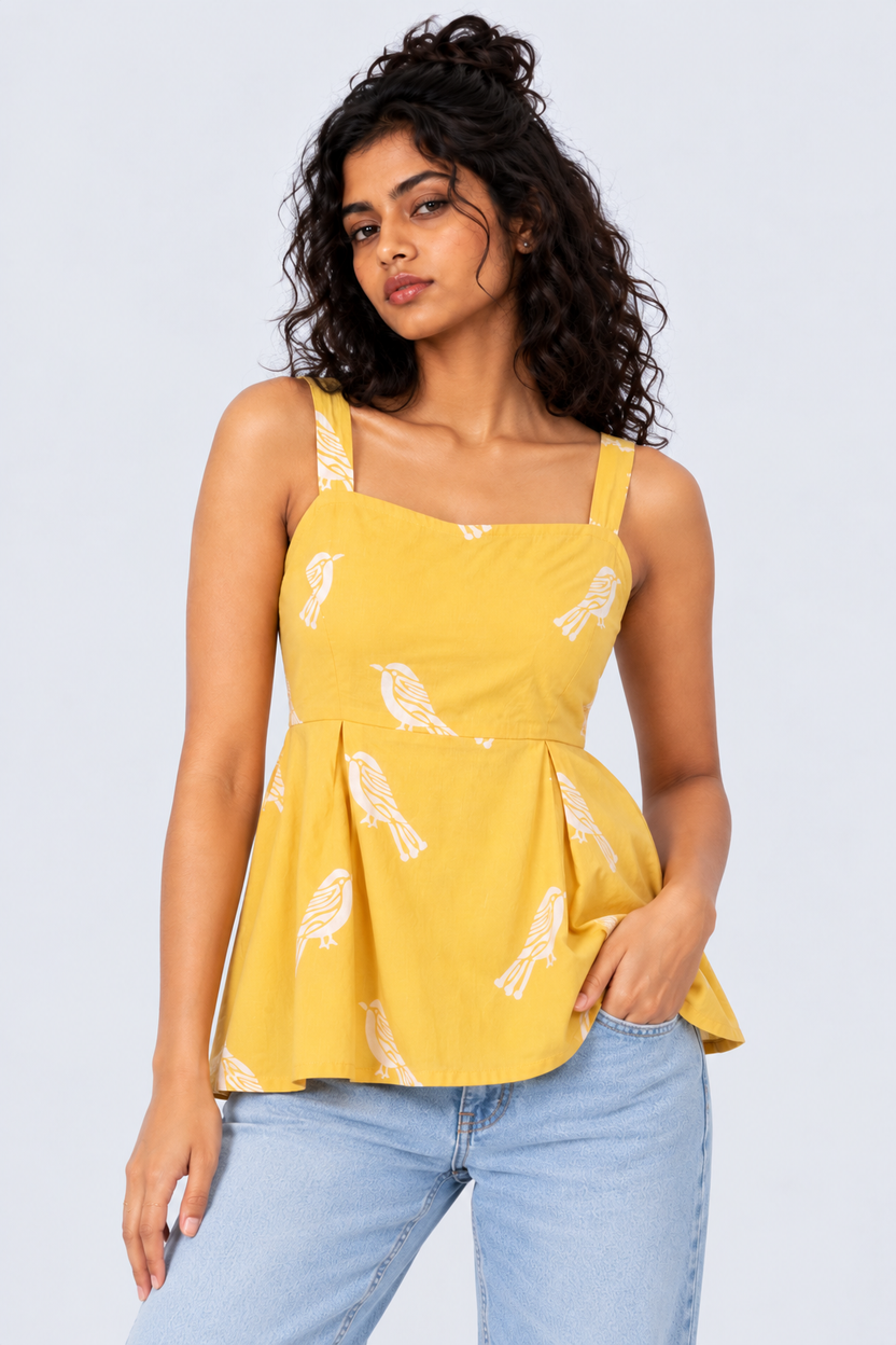Womens Yellow Bird Print Peplum Top - Image 2