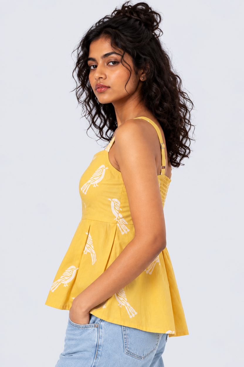 Womens Yellow Bird Print Peplum Top - Image 4