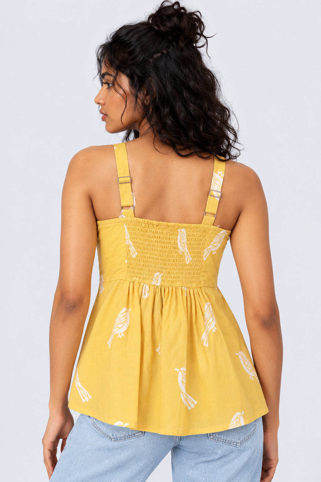 Womens Yellow Bird Print Peplum Top - Image 5