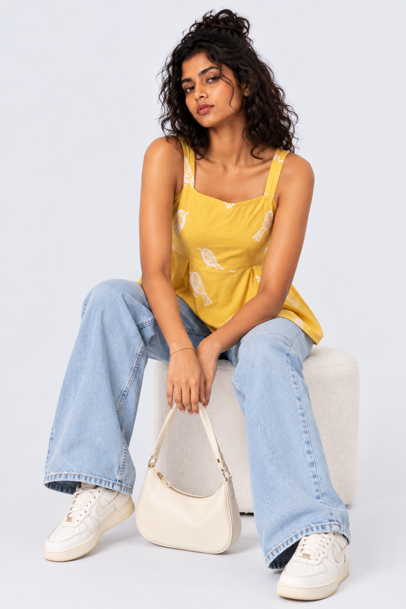 Womens Yellow Bird Print Peplum Top - Image 6