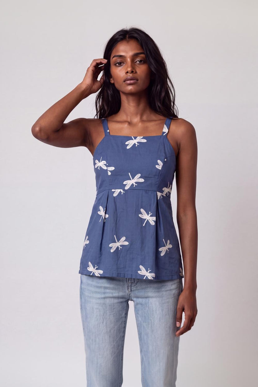 Womens Blue Dragonfly Print Peplum Top - Image 2