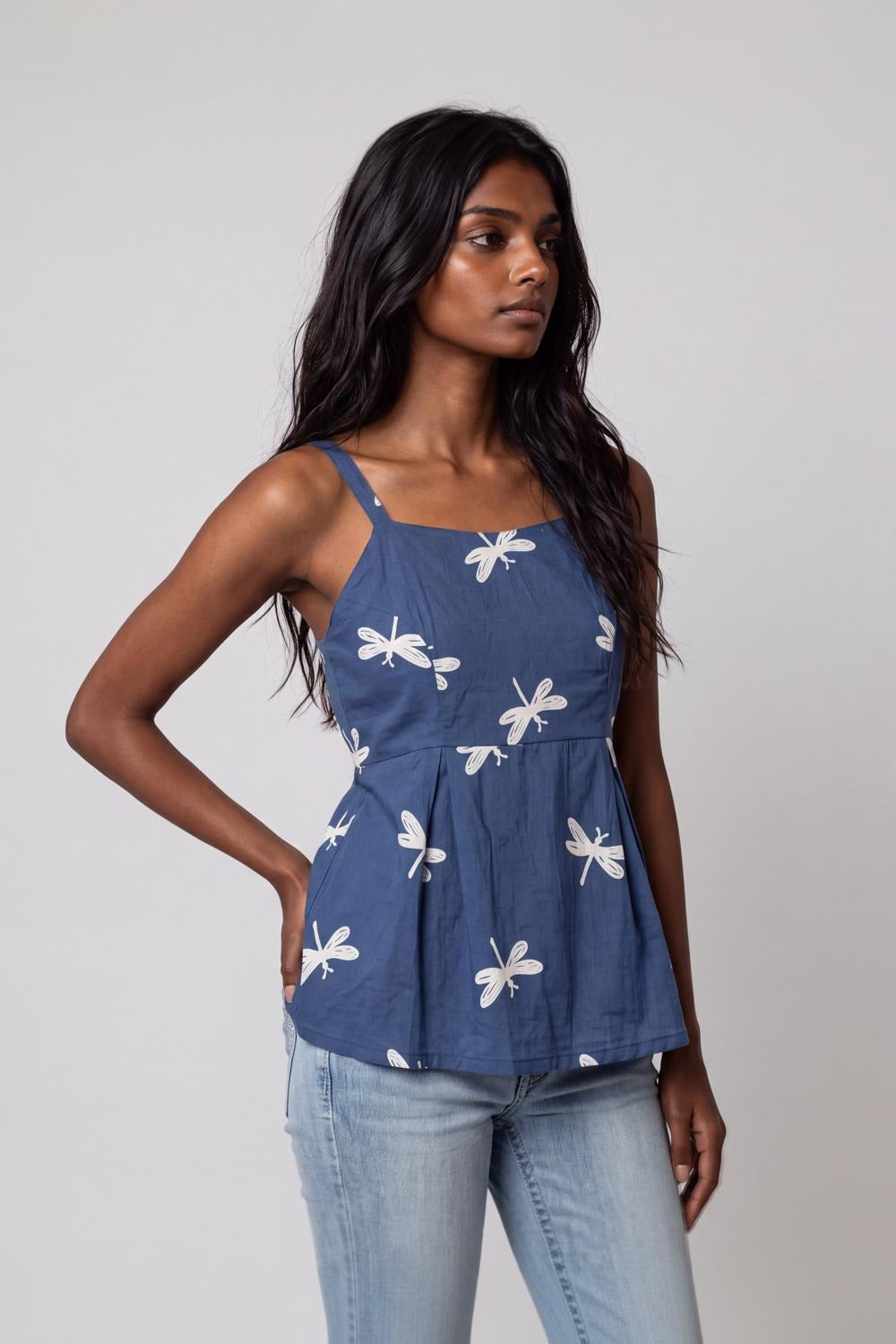 Womens Blue Dragonfly Print Peplum Top - Image 4