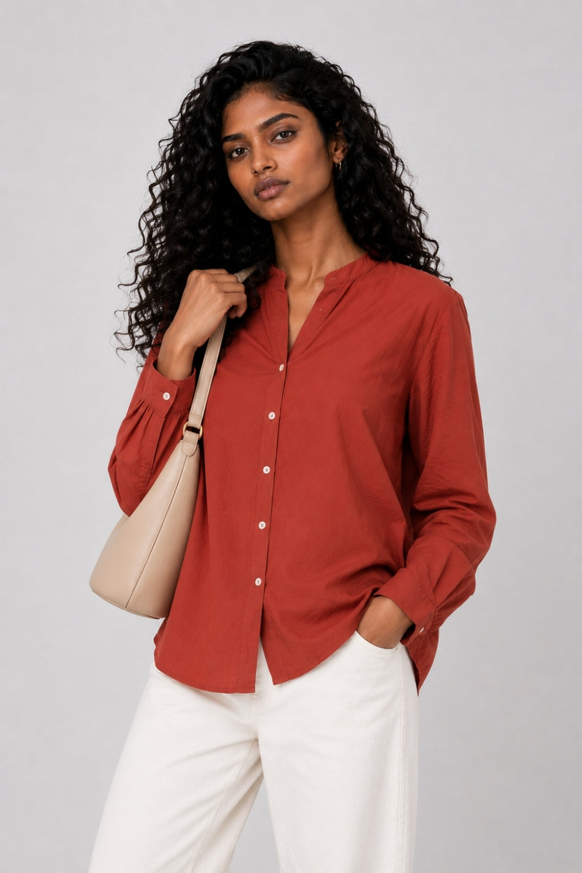Womens Rust Solid Mandarin Collar Top - Image 1