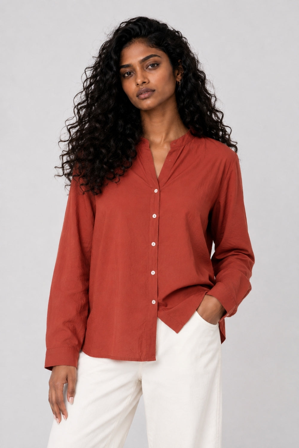 Womens Rust Solid Mandarin Collar Top - Image 2