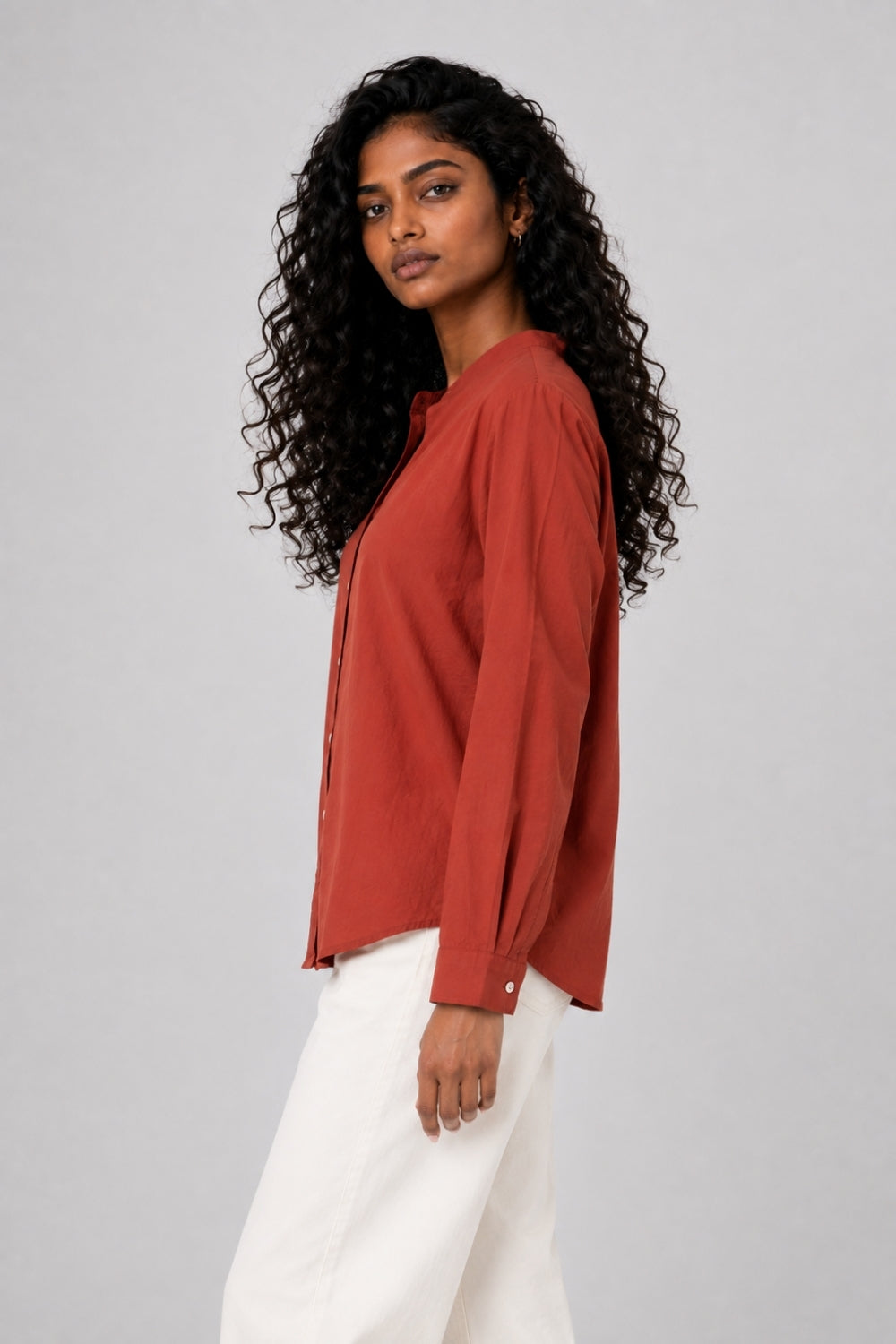 Womens Rust Solid Mandarin Collar Top - Image 4