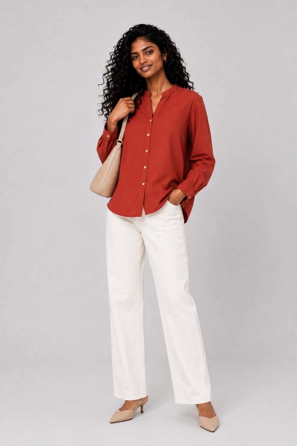 Womens Rust Solid Mandarin Collar Top - Image 6