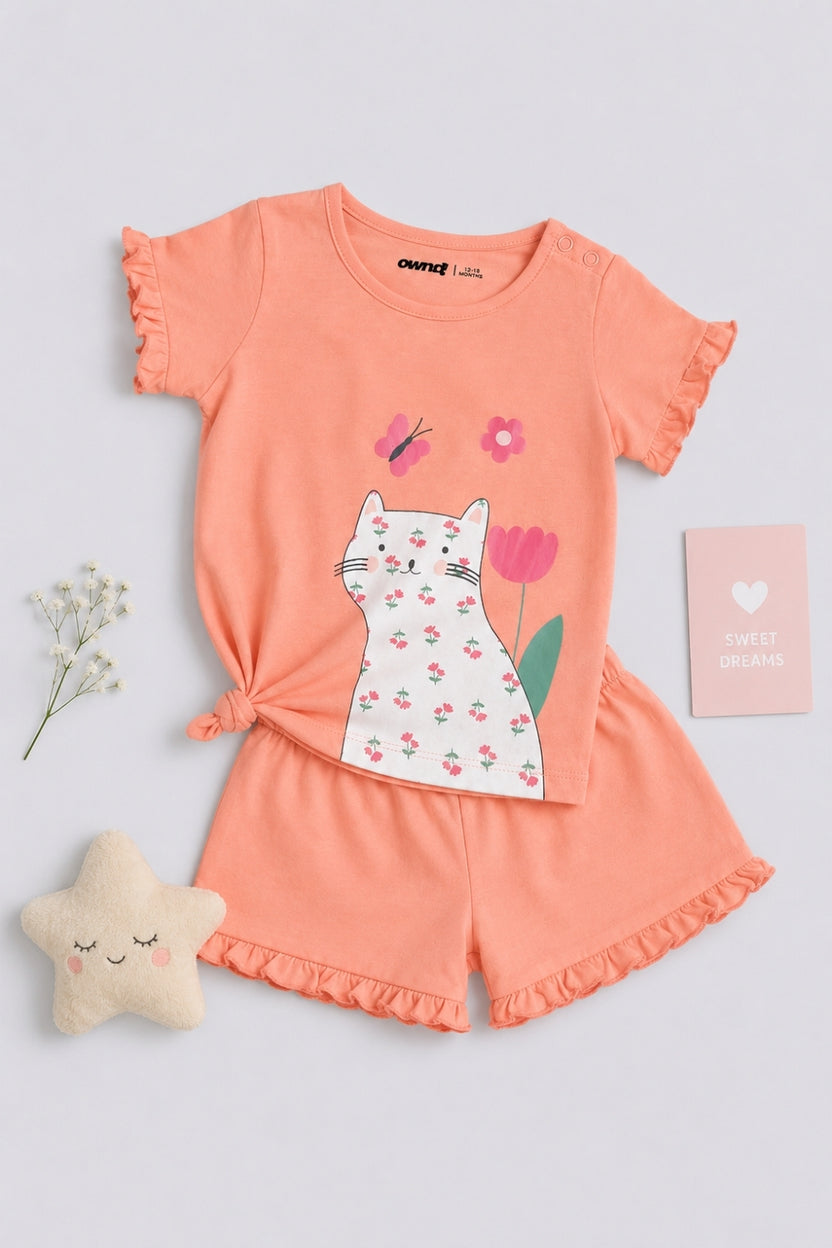 Infant Girls Peach Cat Print Co-ord Set - Image 1