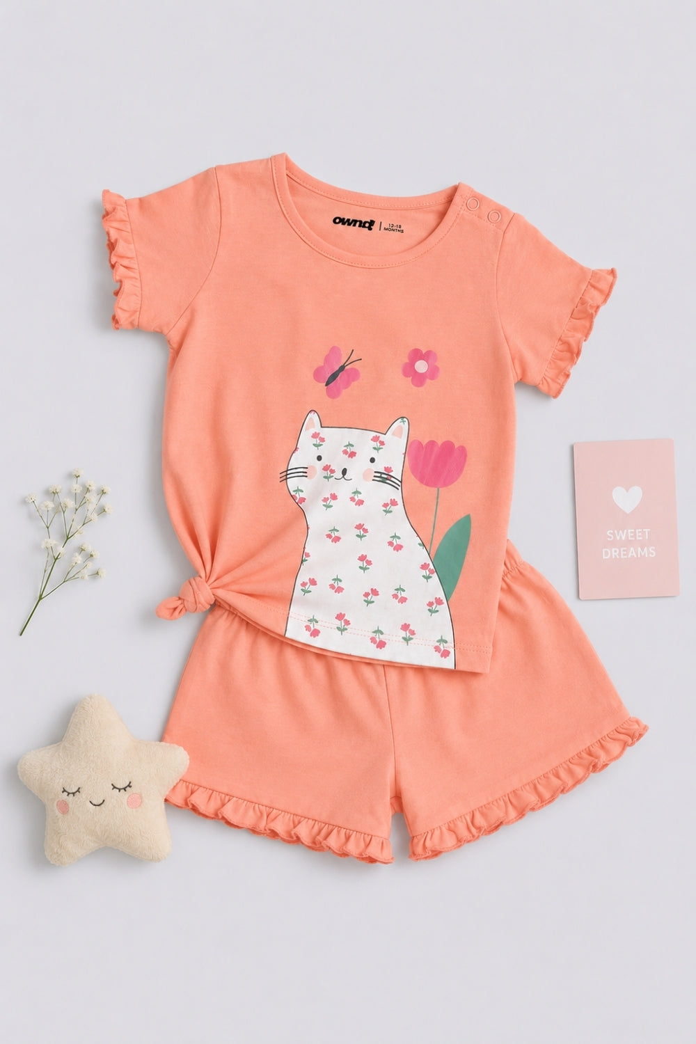 Infant Girls Peach Cat Print Co-ord Set - Image 1