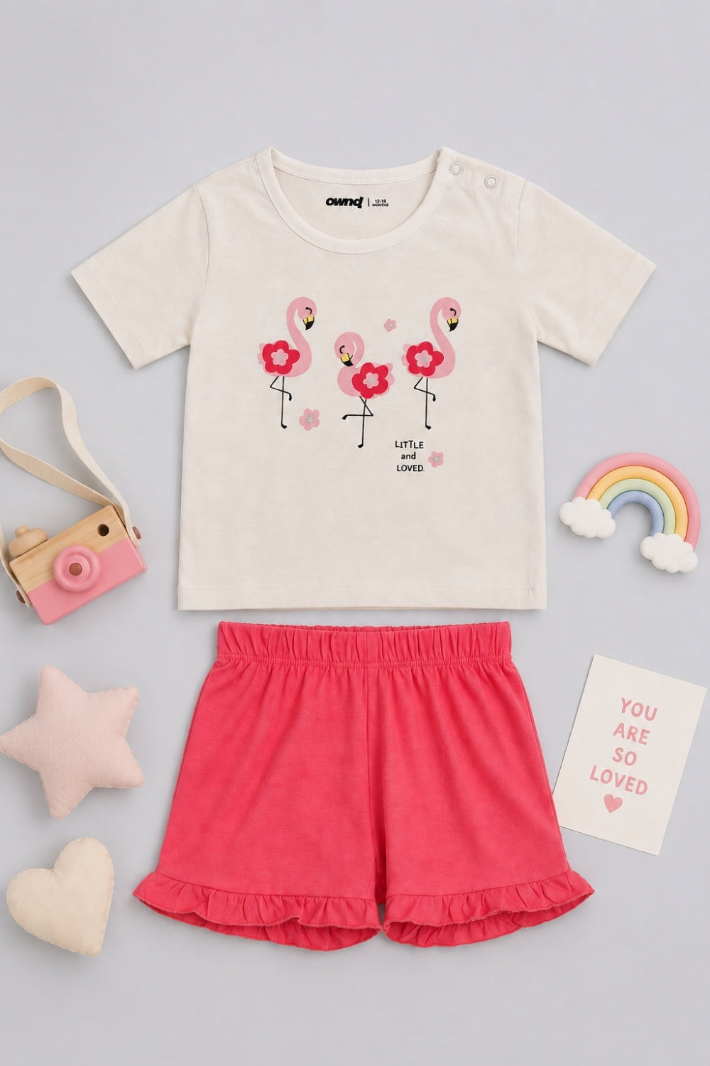 Infant Girls White Flamingo Print Co-ord Set - Image 1