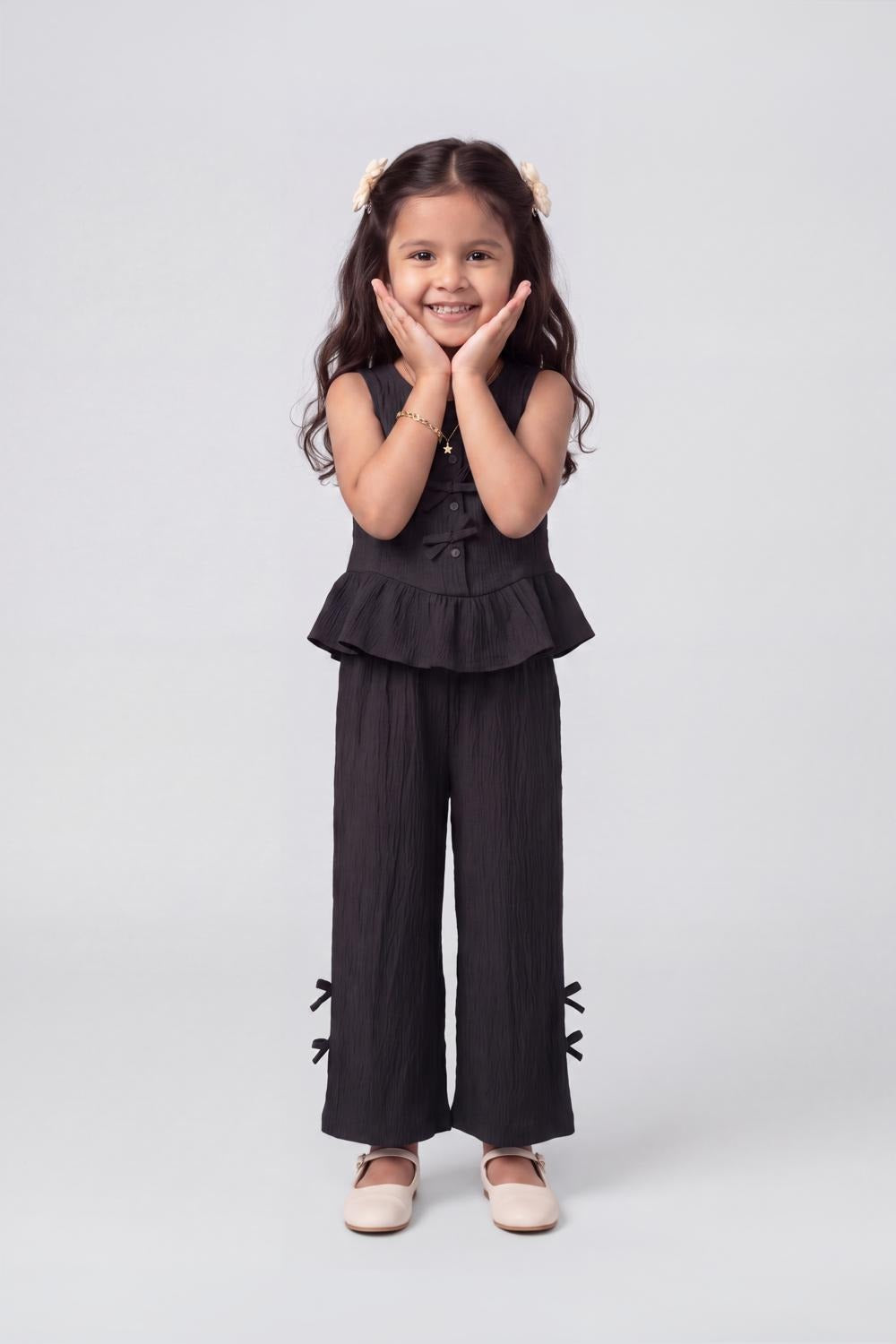 Girls Black Textured Peplum Co-ord Set - Image 1