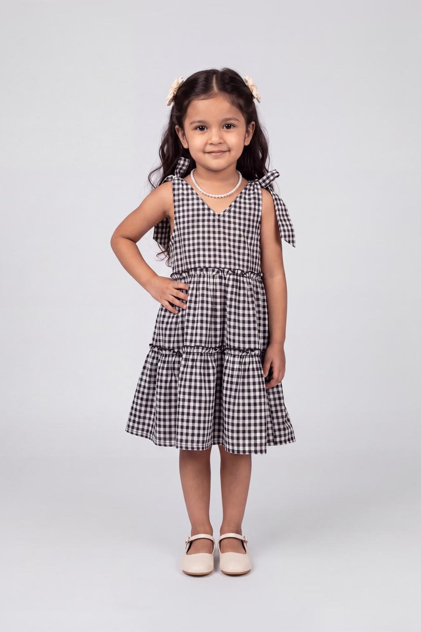 Girls Black Checked Tiered Dress - Image 1