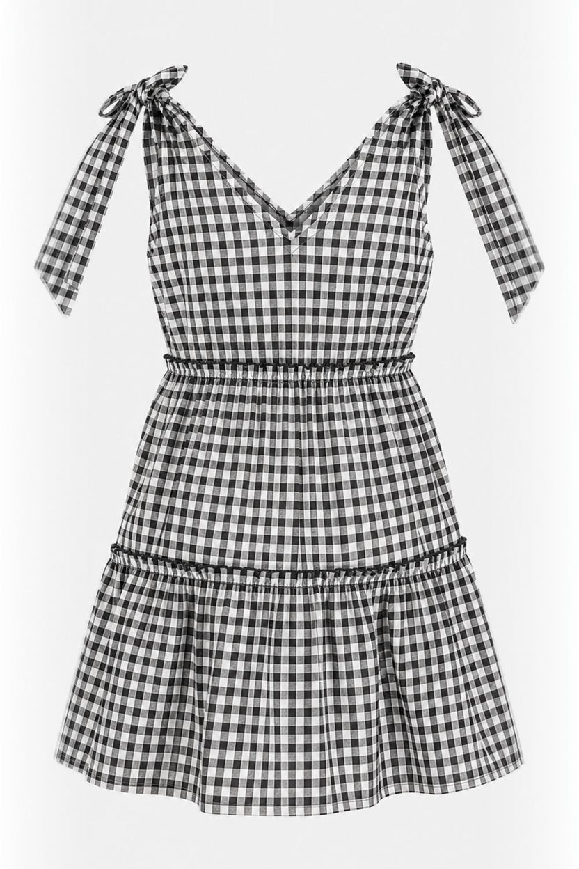 Girls Black Checked Tiered Dress - Image 2