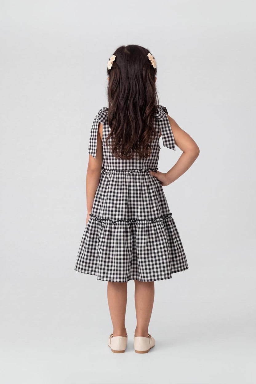 Girls Black Checked Tiered Dress - Image 3