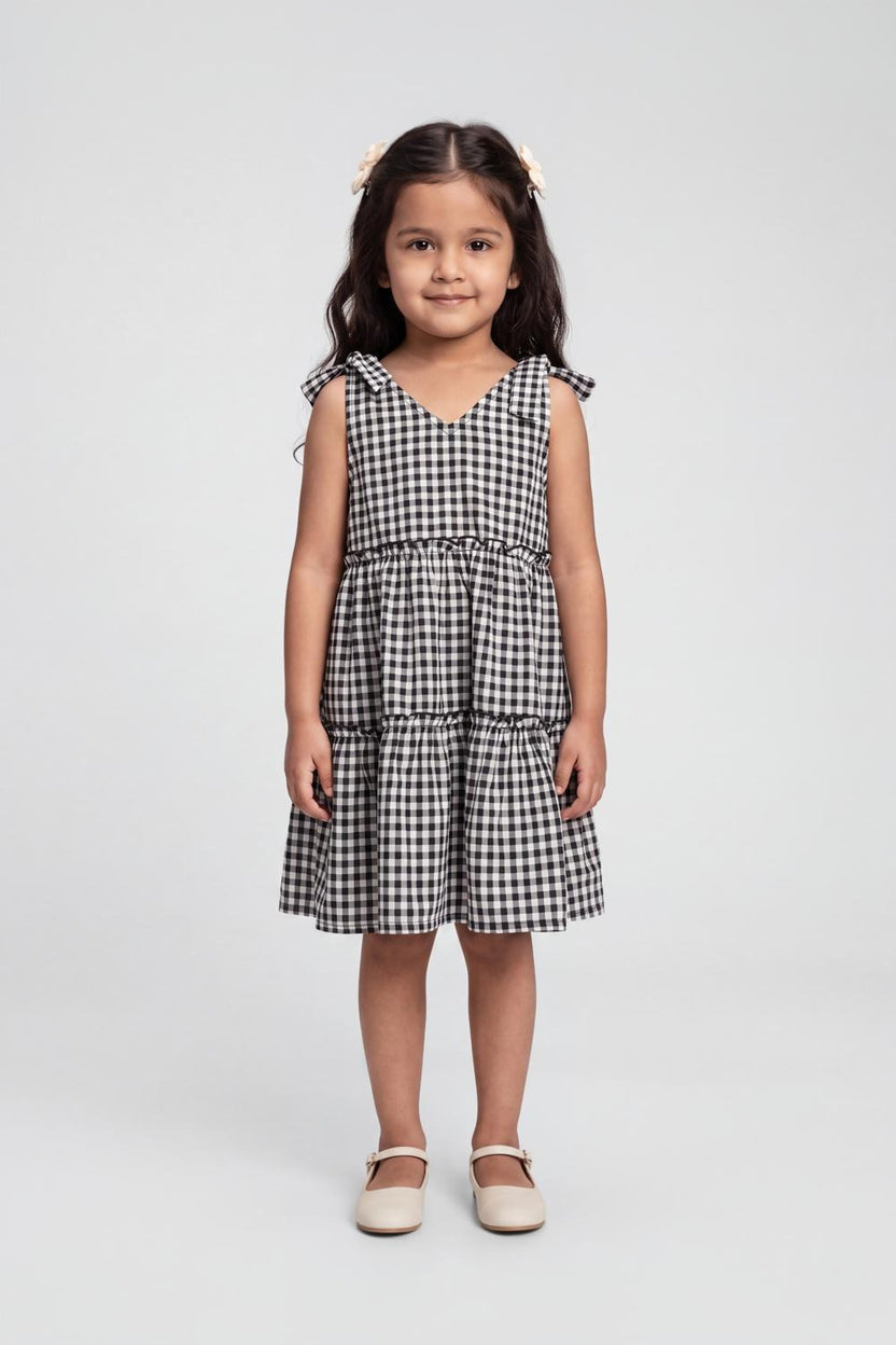 Girls Black Checked Tiered Dress - Image 4