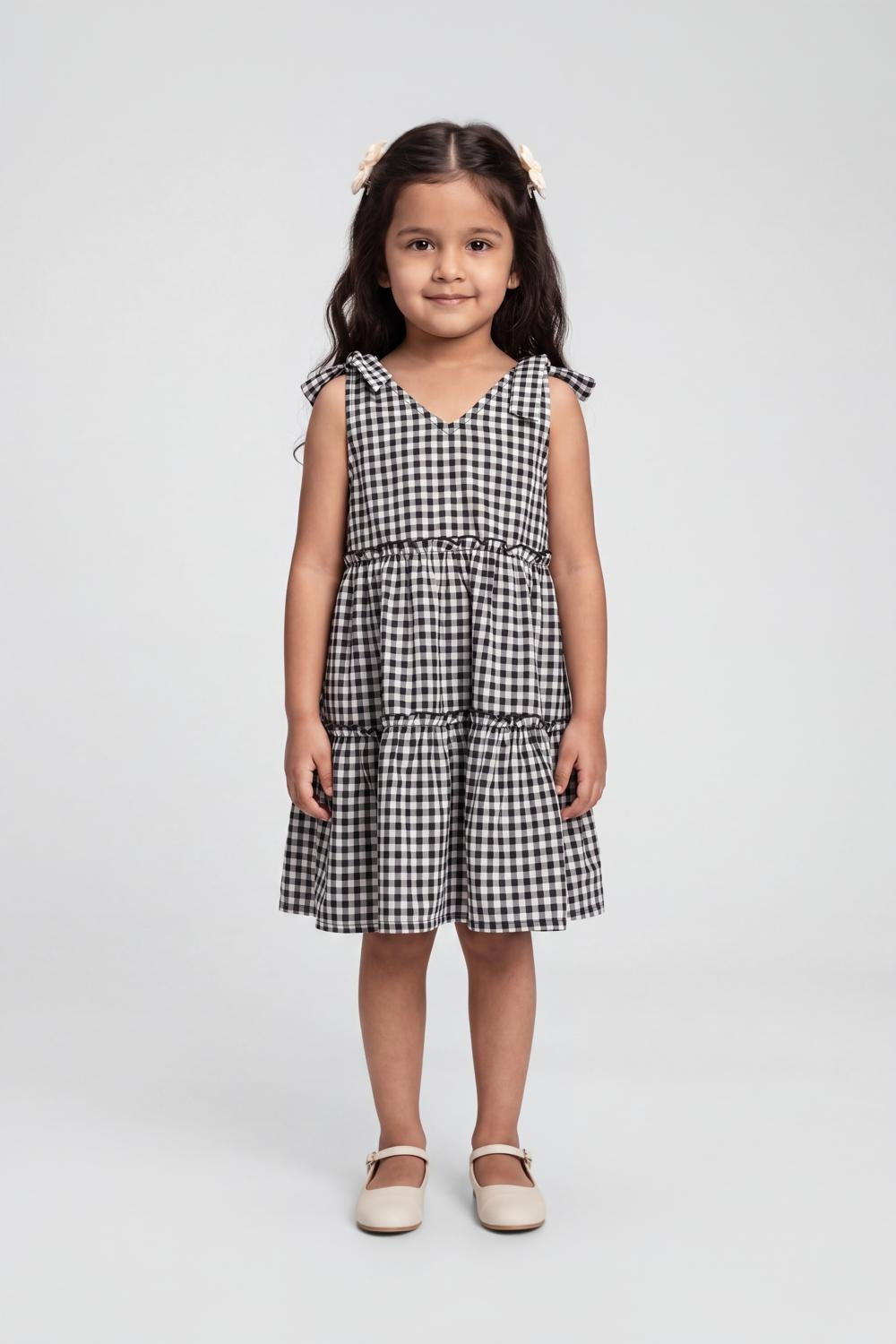 Girls Black Checked Tiered Dress - Image 4