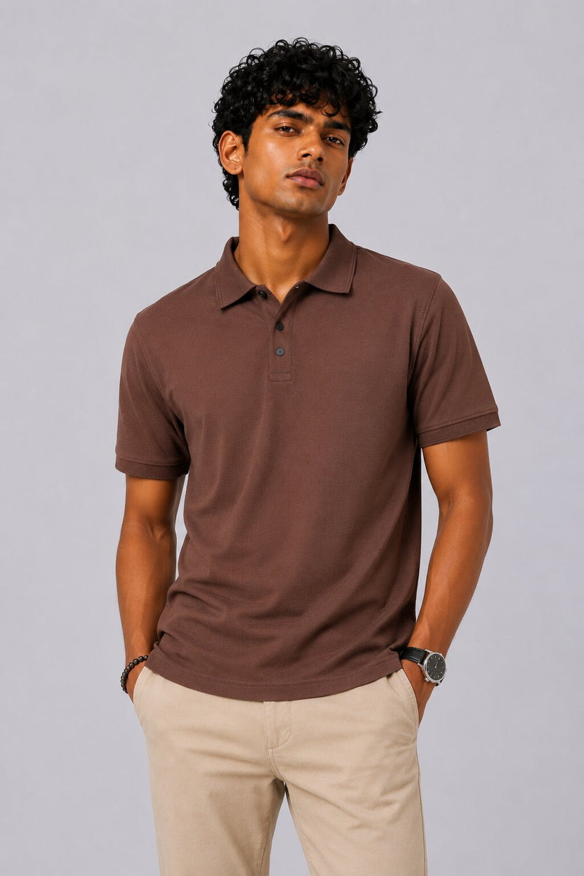 Mens Regular Fit Brown Solid Polo T-Shirt - Image 2