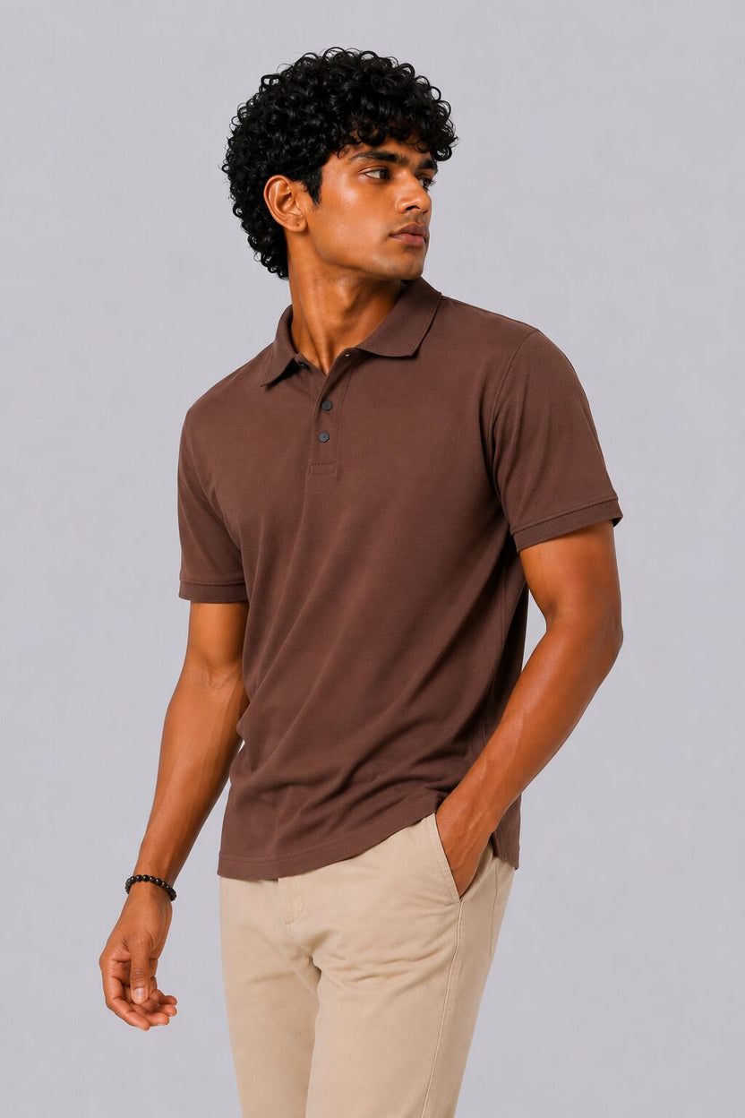 Mens Regular Fit Brown Solid Polo T-Shirt - Image 4