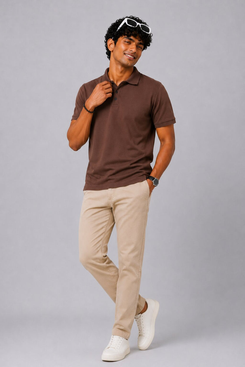 Mens Regular Fit Brown Solid Polo T-Shirt - Image 6